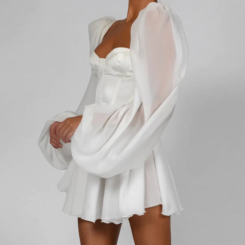Chiffon Dress, Bodycon Dress, Lantern Sleeve Dress, White Dress