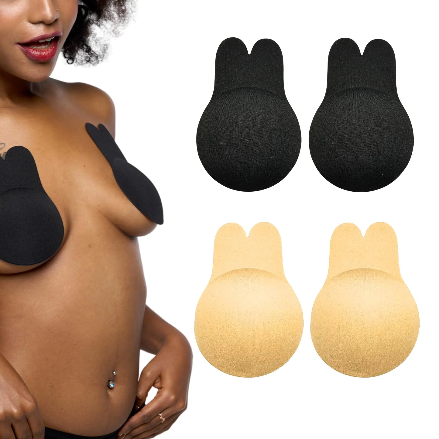 Reusable Adhesive Cover|Strapless & Backless Breast Lift|Invisible Push-Up Sticky Bra| Covers Push up|Self-Adhesive(2 Paris) (Black & Creamy Buttercup-4.3 Inch)