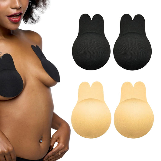 Reusable Adhesive Cover|Strapless & Backless Breast Lift|Invisible Push-Up Sticky Bra| Covers Push up|Self-Adhesive(2 Paris) (Black & Creamy Buttercup-4.3 Inch)