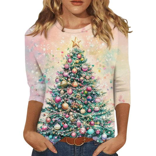 Amzon Discount Christmas Tops Womens Christmas Shirts 2024 Ugly Christmas Sweaters Ladies Blouses Xmas Tree Tshirts Holiday Tops