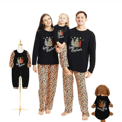 Family Matching Christmas Pajamas Set Long Sleeve Top and Pants PJs Sleepwear (Pet : S Black+Leopard)