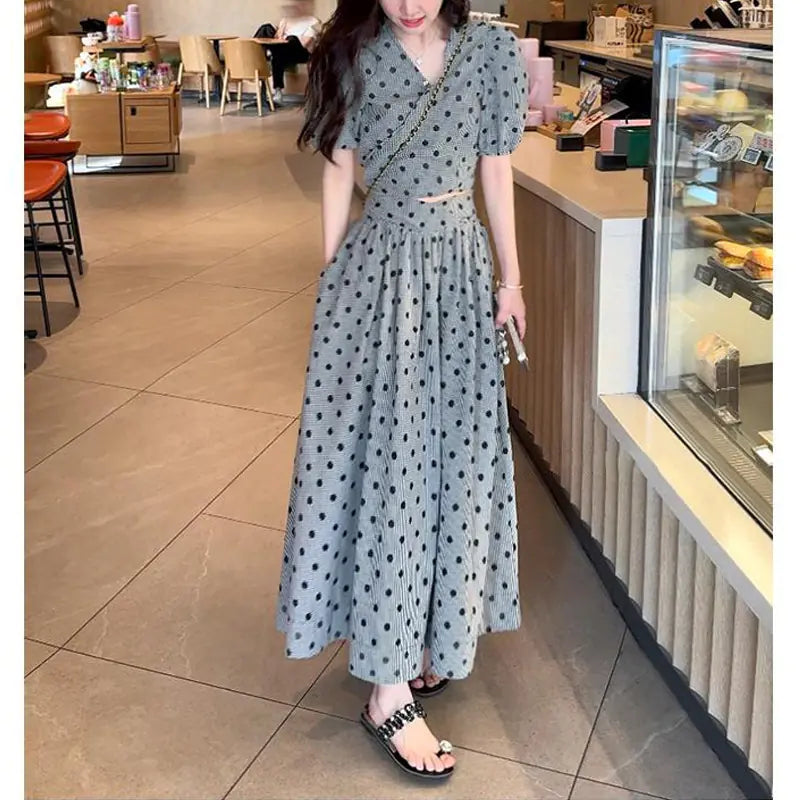 Ladies' Polka Dot Belted V-Neck Blouse