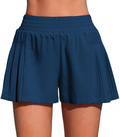 ATTRACO Cute Swim Shorts Women High Rise Swimming Shorts Pleated Swim Bottom Beach Shorts Blue L