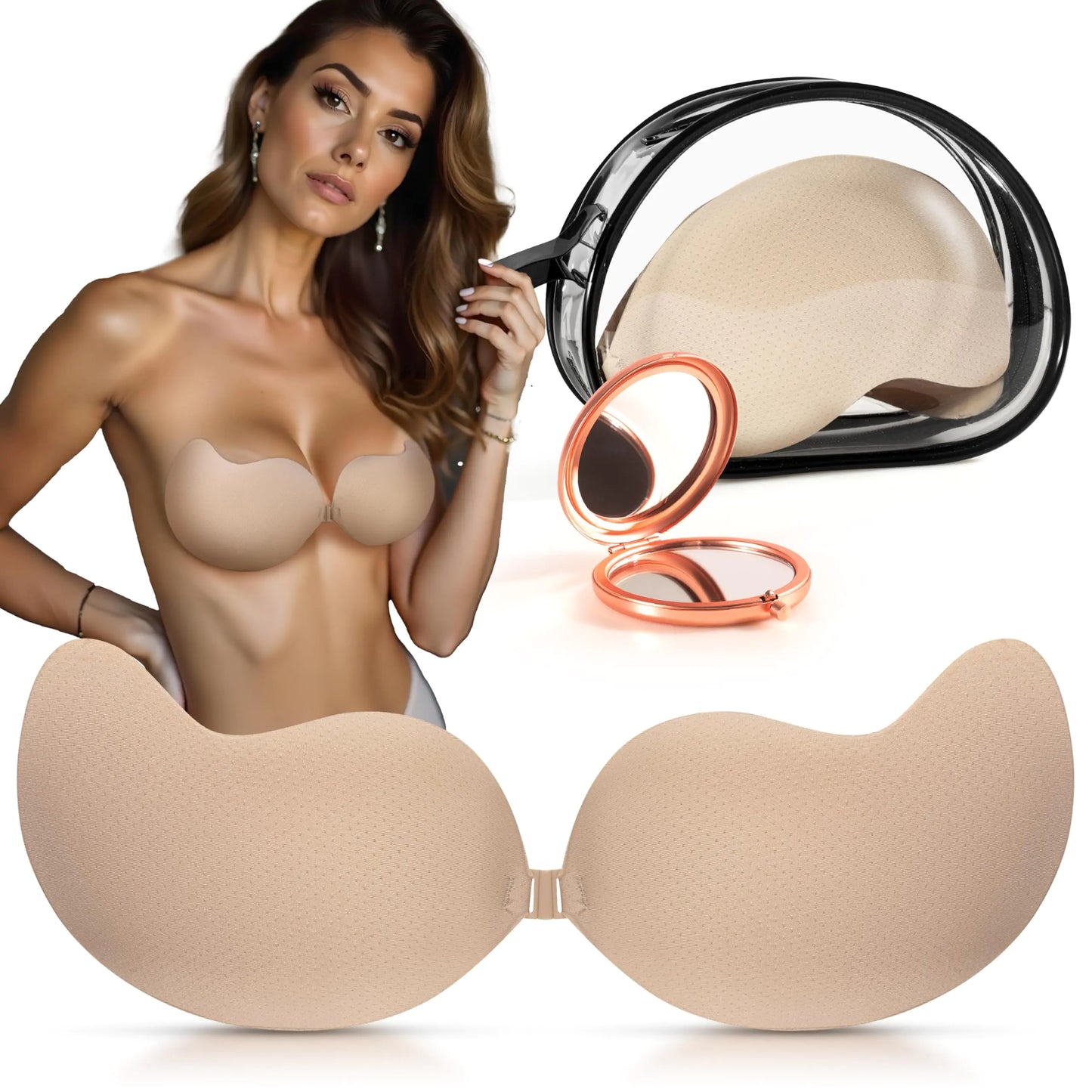 Strapless Sticky Bra Push-Up: Invisible Backless Adhesive with Lift Reusable Nipple Covers - Bonus Makeup Mirror (US Cup Band D Beige)