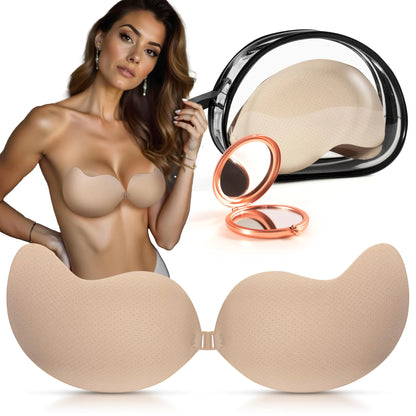 Strapless Sticky Bra Push-Up: Invisible Backless Adhesive with Lift Reusable Nipple Covers - Bonus Makeup Mirror (US Cup Band D Beige)