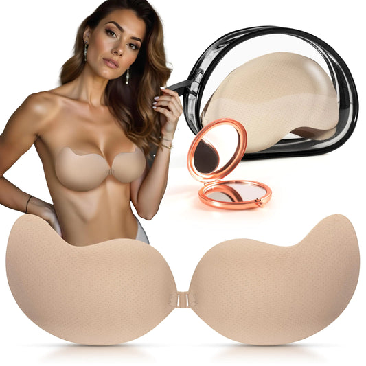 Strapless Sticky Bra Push-Up: Invisible Backless Adhesive with Lift Reusable Nipple Covers - Bonus Makeup Mirror (US Cup Band D Beige)