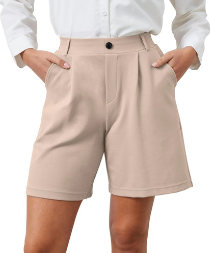 VIMPEP Yoga Dress Shorts for Women Pleated Pull On Wide Leg High Waist Work Shorts Woman Business Casual Lounge Office with Pockets D601 7 Khaki S