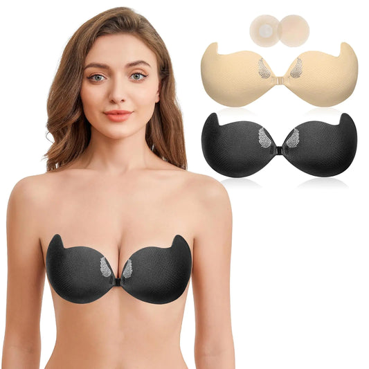 BOSOMBLISS Strapless Sticky Bra Push up with Nipple Covers Sticky Boobs for Women Reusable Adhesive Bra for Backless Dress