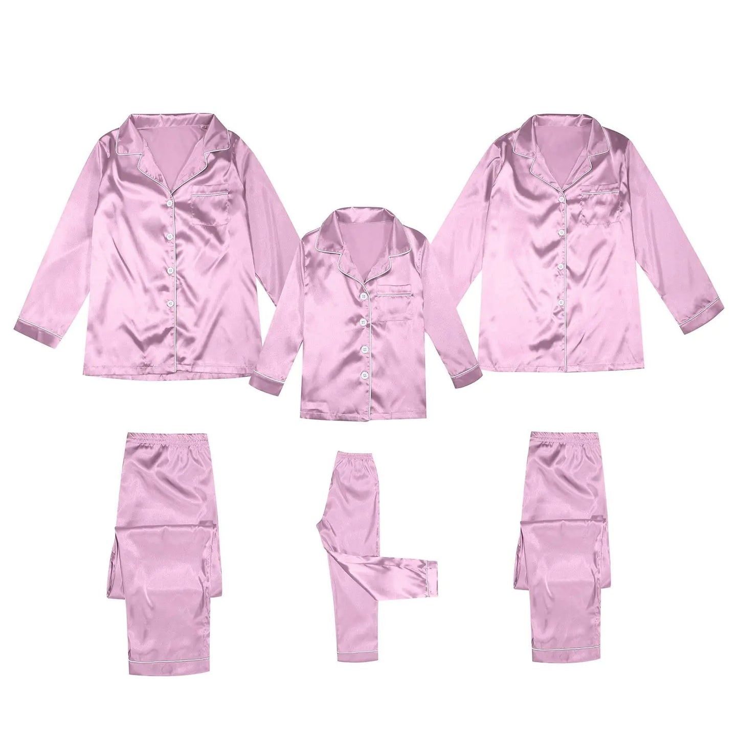 2025 Family Satin Christmas Pajamas Sets Solid Silk Xmas Pjs Matching Sets Soft Sleepwear for Mens Womens Adults Kids Kid Pink