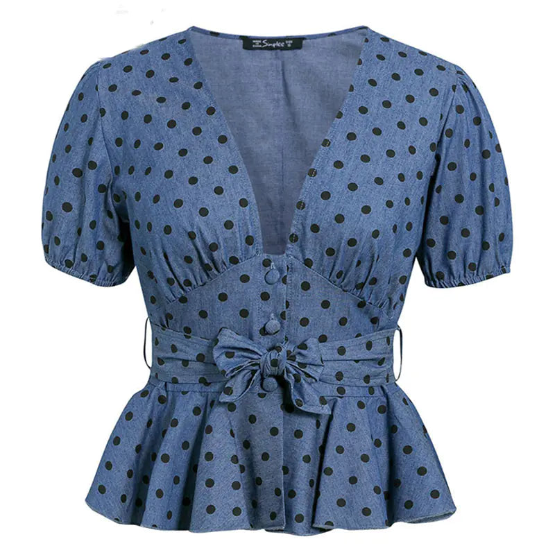 Ladies' Polka Dot Belted V-Neck Blouse